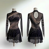 cheap Figure Skating Dresses-Figure Skating Dress Women's Ice Skating Dress Black Patchwork Asymmetric Hem Stretchy Training Competition Skating Wear Classic Crystal / Rhinestone Long Sleeve Ice Skating Figure Skating