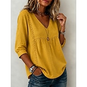  Femmes Chemise Couleur Unie Uni Bohème Vacances ancien Col en V Hauts Longs Occasionnel Bleu Blanche Noir Jaune Rose Claire Été Printemps
