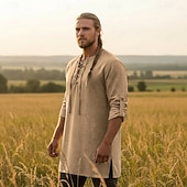 abordables Tapas-Medieval Renacimiento Camisas Sayo Larga Pirata Vikingo Mezcla con algodón y lino. Disfraz Hombre Vikingo Pirata Víspera de Todos los Santos Carnaval Rendimiento LARP Feria Ren Adulto Camisas
