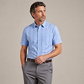 economico camicie oxford da uomo-Camicia da uomo elegante, 100% cotone oxford, maniche corte, a righe blu