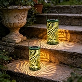 cheap Pathway Lights &amp; Lanterns-Solar Lantern Outdoor Metal Palm Leaf Projection Light, Decorative Hanging Garden Lantern with Green Leaf Cutout Design, Solar Powered Patio Yard Lawn Pathway Camping Villa Summer Party Landscape Deco