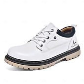 baratos Sapatos Casuais com Cadarço-Tênis masculino branco casual de couro com cadarço, leve e confortável para caminhadas, calçado resistente e elegante para uso diário, viagens, deslocamentos e passeios de fim de semana.