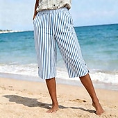 economico Pantaloncini Bermuda-Per donna Pantaloni capri Vacanza Essenziale Lunghezza al polpaccio Vita Alta Grafico A righe A strisce Confortevole Traspirante Inelastico Vacanza Formale Abbigliamento quotidiano Blu Nero Rosa Verde