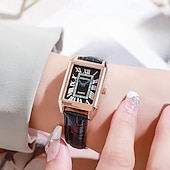 abordables Montres à quartz-Montre Tank vintage pour femme, boîtier rectangulaire en or rose, cadran rétro à chiffres romains avec aiguilles bleues, bracelet en cuir noir, petite montre à quartz pour femme, montre habillée ou
