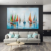 cheap Oil Paintings-Hand-Painted Abstract Landscape Oil Painting Colorful Sailboat Modern Minimalist Wall Decor for Living Room Entryway Dining Room