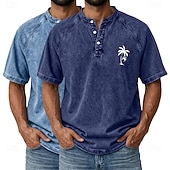 billige Casual Henley Tee-SoftFade™ Men's 2-PCS Coconut Tree T Shirt Demin Shirt 100% Cotton Acid Wash Shirt Short Sleeve Vintage Streetwear Casual Home Street Summer Spring Black Light Green Light Blue Stand