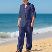 economico Camicie di lino-Per uomo Due pezzi Camicia popover Set Camicia E Pantaloni Impostare Semplice Casuale Quotidiano Vacanza Scollo a V Manica Lunga Estate Primavera Moda Casual Confortevole Abbigliamento