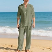 economico Camicie di lino-Per uomo Due pezzi Camicia popover Set Camicia E Pantaloni Impostare Semplice Casuale Quotidiano Vacanza Scollo a V Manica Lunga Estate Primavera Moda Casual Confortevole Abbigliamento