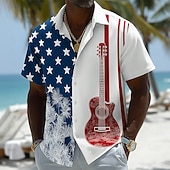  Men's 4th of July U.S. 250th Anniversary Guitar American Flag Shirt Summer Shirt Tropical Shirts Short Sleeve Patriotic Vacation Holiday Summer Spring Turndown 3D Print Button Up Shirts Blue Dark