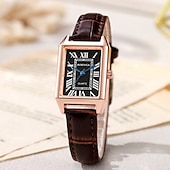 abordables Montres à quartz-Montre Tank vintage pour femme, boîtier rectangulaire en or rose, cadran rétro à chiffres romains avec aiguilles bleues, bracelet en cuir noir, petite montre à quartz pour femme, montre habillée ou