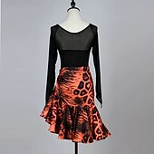 cheap Competition Dress-Leopard Print Latin Dance Dress - Long Mesh Sleeve Performance Wear  Orange &amp; Black Salsa Samba Competition