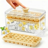 abordables Utensilios para el hielo-Bandeja para cubitos de hielo de 28/56 compartimentos con tapa y un solo botón. &amp;Contenedor, máquina para hacer cubitos de hielo de fácil extracción con cuchara &amp;Recipiente de almacenamiento, molde de