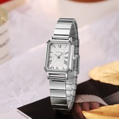 cheap Quartz Watches-Women's Rectangular Watch, Vintage Silver Stainless Steel Expansion Band Watch with Black Roman Numeral Dial, Elegant Ladies Stretch Bracelet Wristwatch, Retro Fashion Jewelry Gift