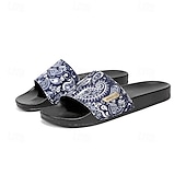 abordables Pantuflas y chanclas de hombre-Sandalias planas azules con estampado paisley para hombre, puntera abierta, ligeras y cómodas, ideales para vacaciones en la playa, en el resort, para el ocio junto a la piscina y para relajarse a diario.