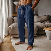 cheap Home-Men's Linen Pants Trousers Summer Pants Baggy Pants Drawstring Elastic Waist Straight Leg Plain Comfort Breathable Knee Length Casual Daily Holiday Fashion Classic Style Black White Inelastic