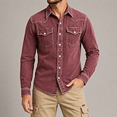 economico Camicie da lavoro da uomo-Da uomo Camicia Camicia casual Camicia con Bottoni Nero Borgogna Manica Lunga Semplice Colletto a Camicia Casuale Quotidiano Tasca Frontale Abbigliamento Cotone Elastene Elegante Moda Casual