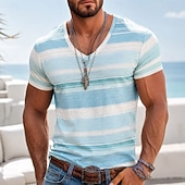 cheap Vacation Tropical T Shirts-Men's Color Block Stripes T Shirt Short Sleeve T shirt 3D Print V Neck Shirt Vacation Casual Daily Holiday Blue Blue 3# Blue 2# Spring &amp; Summer Clothing Apparel S M L XL XXL XXXL