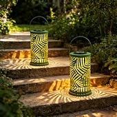 cheap Pathway Lights &amp; Lanterns-Solar Lantern Outdoor Metal Palm Leaf Projection Light, Decorative Hanging Garden Lantern with Green Leaf Cutout Design, Solar Powered Patio Yard Lawn Pathway Camping Villa Summer Party Landscape Deco