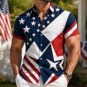  Herr 4 juli USA:s 250-årsjubileum Amerikanska flaggan 1776 Skjorta Sommarskjorta Knapp upp skjorta Kortärmad Patriotisk Utomhus Festival Sommar Vår Nedvikt 3D-utskrift krage skjortor Blå Vit 1 Vit
