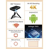 abordables Projecteurs-Mini projecteur DLP intelligent sous Android, décodage 4K HD, compatible 3D, projecteur de poche portable avec Wi-Fi 5 GHz et Bluetooth, correction trapézoïdale, commande tactile, trépied et
