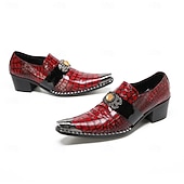 voordelige Mocassins de couro premium-Men's Red Croc-Embossed Strap Dress Shoes Pointed-Toe Statement Formal Footwear for Stylish Men, Weddings, Banquets, Parties and Stage Events