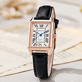 abordables Montres à quartz-Montre Tank vintage pour femme, boîtier rectangulaire en or rose, cadran rétro à chiffres romains avec aiguilles bleues, bracelet en cuir noir, petite montre à quartz pour femme, montre habillée ou