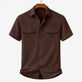 cheap Men's Work Shirts-Men's Shirt Casual Shirt Corduroy Shirt Button Up Shirt Black White Yellow Navy Blue Brown Short Sleeve Plain Shirt Collar Casual Daily Front Pocket Clothing Apparel Elegant Fashion Casual