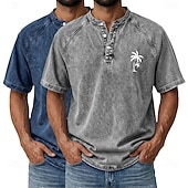 billige Casual Henley Tee-SoftFade™ Men's 2-PCS Coconut Tree T Shirt Demin Shirt 100% Cotton Acid Wash Shirt Short Sleeve Vintage Streetwear Casual Home Street Summer Spring Black Light Green Light Blue Stand