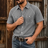 baratos Men's Work Shirts-SoftFade™ Men's Shirt Casual Shirt Acid Wash Shirt Garment Dyed Black Light Green Blue Purple Green Short Sleeve Plain Shirt Collar Casual Daily Clothing Apparel Elegant Fashion Casual