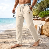 cheap Holiday-Men's Linen Pants Trousers Summer Pants Baggy Pants Drawstring Elastic Waist Straight Leg Plain Comfort Breathable Full Length Casual Daily Beach Vacation Fashion Blue Black Inelastic