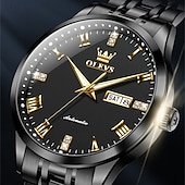cheap Mechanical Watches-OLEVS Men's Automatic Mechanical Watch, Luxury Stainless Steel Business Dress Watch for Men, Self Winding Wristwatch with Day Date, Waterproof Luminous Diamond Roman Numerals Black Dial Gift Box