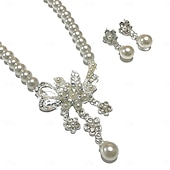 abordables Conjuntos de joyas-Juego de Joyas 2 Perla Perla Pendientes Collare Mujer Elegante Redondo Conjunto de joyas Para Fiesta Boda