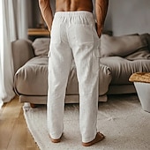 cheap Home-Men's Linen Pants Trousers Summer Pants Baggy Pants Drawstring Elastic Waist Straight Leg Plain Comfort Breathable Knee Length Casual Daily Holiday Fashion Classic Style Black White Inelastic