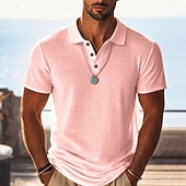 halpa Men's Classic Polo-Men's Linen Shirt Polo Shirts Casual Vacation Classic Short Sleeve Vacation Fashion Plain Textured Lightweight Buttons Summer Spring Blue Black Pink Green Light Blue Linen Shirt