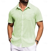 cheap Men's Smart Casual Shirts-Men's Shirt Ribbed Knitted Casual Shirt Button Up Shirt Pink Navy Blue Green Light Blue Short Sleeve Vertical Stripes Shirt Collar Casual Daily Front Pocket Clothing Apparel Elegant Fashion Casual