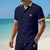  Herren Hemd Leinenhemd Sommerhemd Strandhemd Einfach Lässig Täglich Blau Schwarz Marineblau Khaki Kurzarm Kragen Sommer Frühling Bekleidung Patchwork