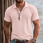baratos Polo Clássico Masculino-Homens Camisa de linho Camisas Polo Casual Férias Clássico Manga Curta Férias Moda Tecido Textura Botões Verão Primavera Normal Azul Céu Preto Rosa Verde Azul Claro Camisa de linho