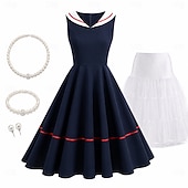 baratos Conjuntos-Set 1950s Retro Vintage Tea Length Knee Length Dress Petticoat Rockabilly with Accessories Sleeveless Solid Color Fit &amp; Flare Fancy Dress Women's Carnival Masquerade Revival Tea Party Adults' Dress