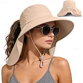 abordables Artículos para el hogar-Sombrero de sol para mujer, plegable, de ala ancha, con solapa para cubrir el cuello y abertura para coleta. Permite llevar coleta sin oprimir la cabeza. Transpirable y fresco, ideal para vacaciones