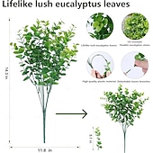 baratos Plantas e Folhagens Artificiais-12 ramos de plantas artificiais para decoração de primavera e verão, eucalipto falso de plástico resistente aos raios UV, com aparência realista, ideal para vasos em varandas, terraços, jardins e