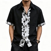 baratos Classic-Men's Shirt Linen Shirt Viking Style Summer Shirt Button Up Shirt Solid Color Casual Vacation Blue Black White Khaki Short Sleeve Turndown Summer Spring Clothing Apparel