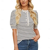 voordelige Effen t-shirt-Dames T-shirt Grafisch Gestreept Modieus Casual Korte mouw Overhemdkraag Lange tops Casual Dagelijks Weekend Zwart en Wit Groen en wit Zwarte abrikoos Xingka Zomer Lente