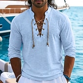 economico T-shirt in Cotone e Lino-Per uomo Maglietta in lino Manica Lunga Collo con lacci Henley Primavera &amp; Estate Estate Primavera Tinta unica Semplice Vintage Nautico Stile Boho Allacciato Trasparente Casuale Vacanza Streetwear