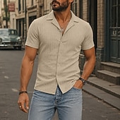 cheap Men's Smart Casual Shirts-Men Shirt Casual Shirt Button Up Shirt Jacquard Shirt Black White Burgundy Navy Blue Apricot Short Sleeve Plain Cuban Collar Casual Daily Front Pocket Clothing Apparel Elegant Fashion Casual