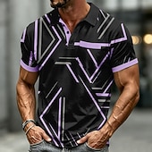 abordables Men's Geometric Polo-Men's Geometic Polo Shirts Short Sleeve Polo Shirts Collared Shirts Casual Outdoor Athleisure Daily Wear 3D Print Buttons Breathable Mesh Spring &amp; Summer Blue Purple Brown