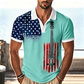  4. Juli 2026 250. Herren Amerikanische US-Flagge Gitarre Poloshirts Kurzarm Polo-Shirts Hemden mit Kragen Lässig Athleisure Festivalkleidung 3D-Druck Knöpfe Atmungsaktives Gewebe Sommer Frühling Blau