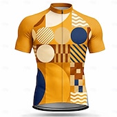 cheap Men's Jerseys-Men Cycling Jersey Geometric Short Sleeve Bike Jersey Activewear Top with 3 Rear Pockets UV Resistant Quick Dry With Pockets Front Zipper Sports Yellow Pink Dark Navy Clothing Apparel