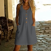  Women's Vintage Holiday 100% Cotton Knee Length Dress  Regular Fit Plain Sleeveless U Neck off white Black White Pink Spring