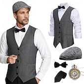 baratos Men's 1920s Costumes-Roaring 20s 1920s Retro Vintage Outfits Waistcoat Accesories Set Gentleman Gangster Fancy Dress Men's Halloween Carnival New Year Carnival Party / Evening Masquerade Adults' Cravat Vest Hat
