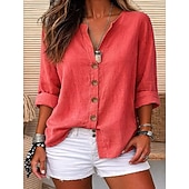  Chemises en lin pour femmes, blouses boutonnées, couleur unie, manches 3/4, col en V, coupe classique, pour tous les jours, noir, blanc, rouge, orange, vert, été, printemps, automne